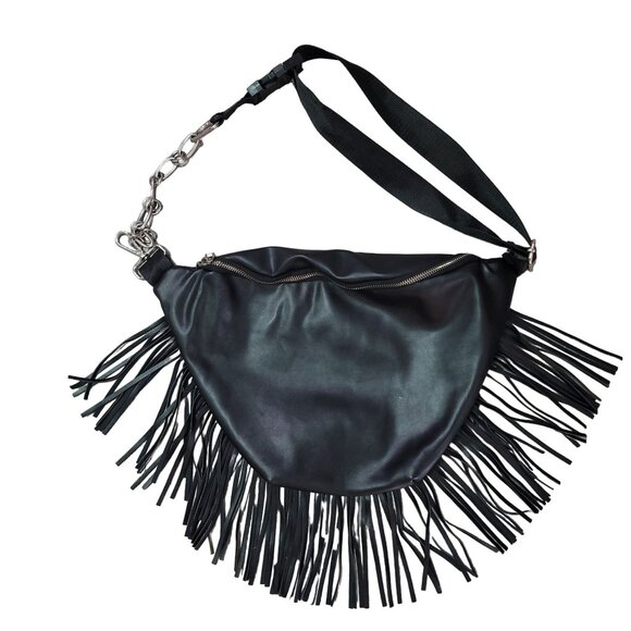 Sacred Hawk Fringe Waist Bag Black Faux Leather cross body boho Rocker bag - Picture 2 of 8
